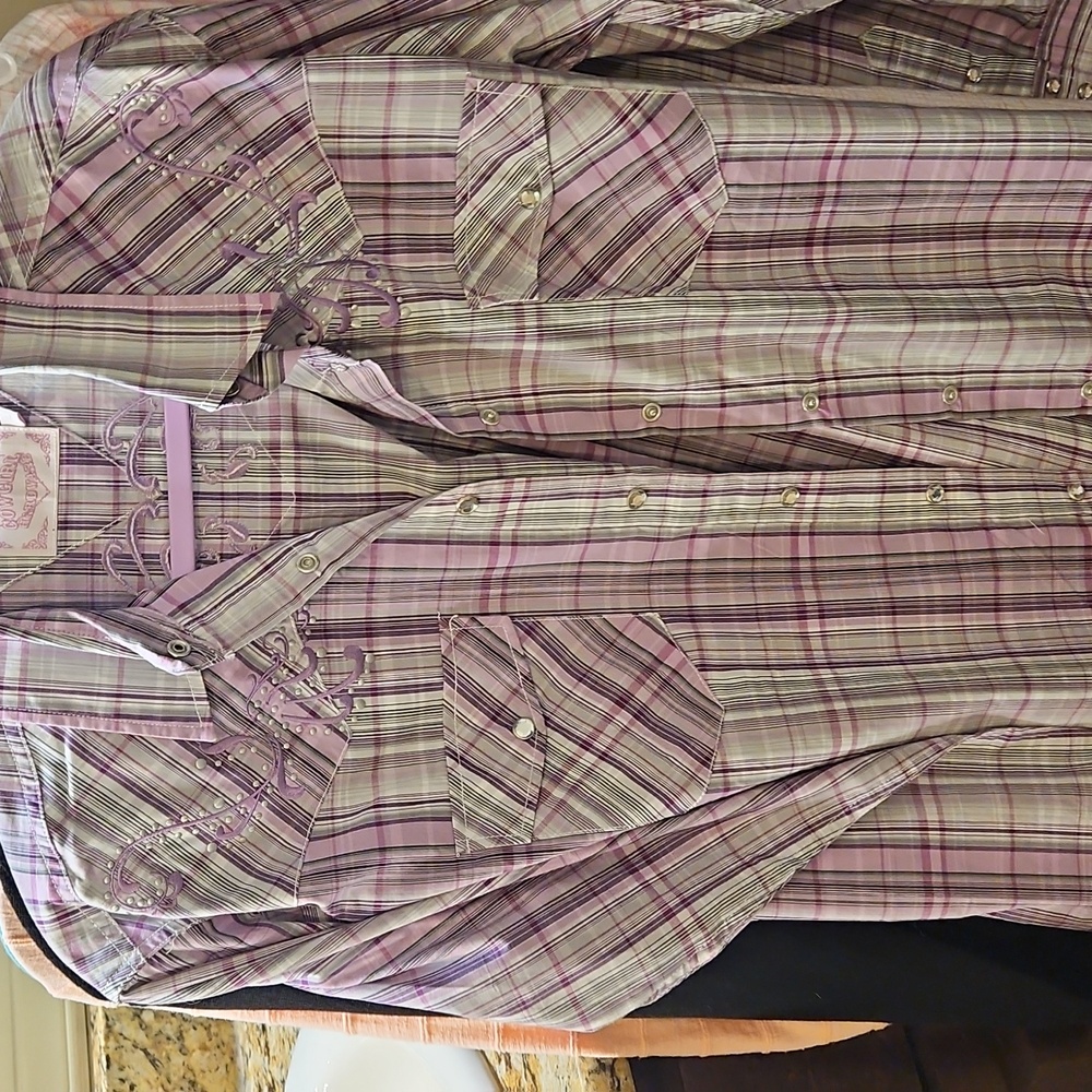 Cowgirl Hardware Lavender Plaid Button-Down Shirt With Embrodiary